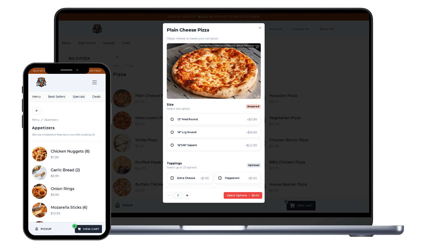 Dinevate online ordering on a laptop and a phone: the Pizza category page with an item open, showing a required Size group and optional Toppings