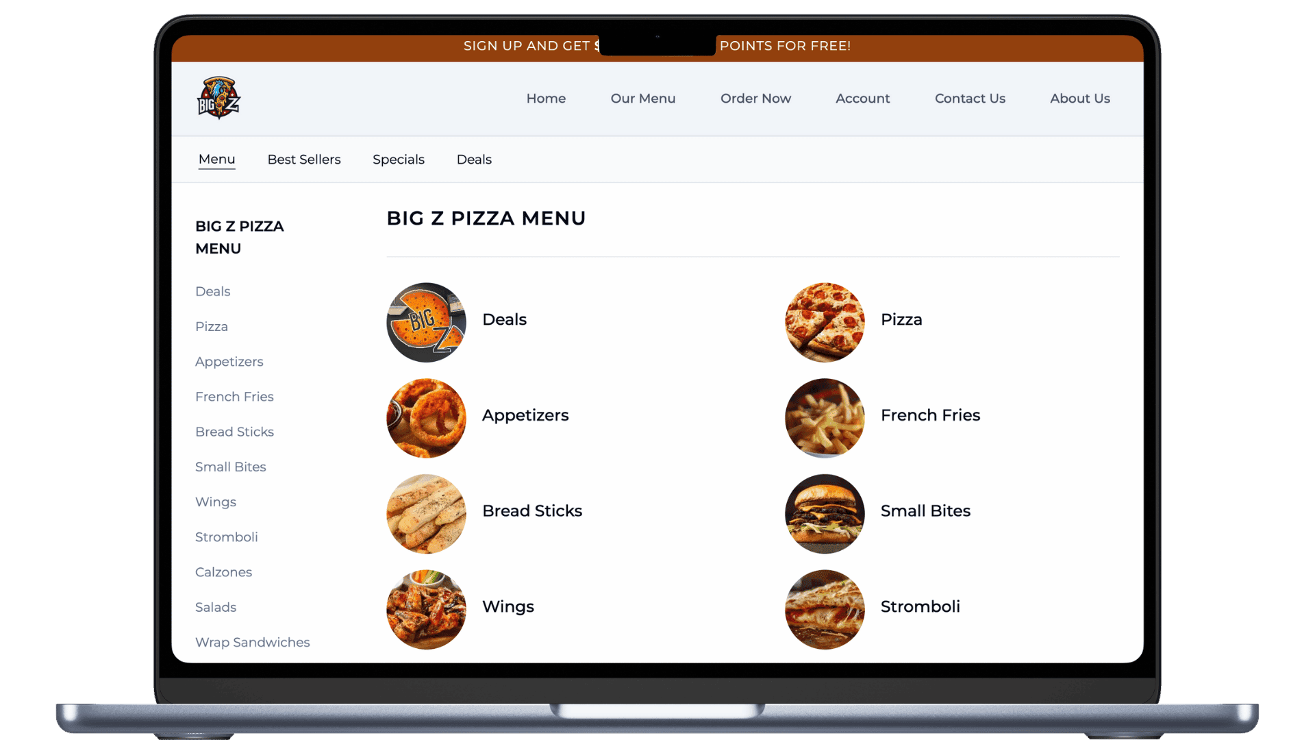 A Dinevate restaurant menu: a sticky category list down the left, Menu, Best Sellers, Specials and Deals across the top, and photographed category tiles